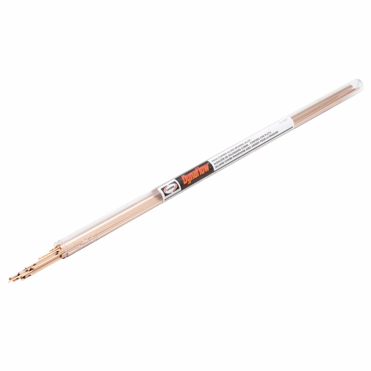 A clear plastic tube labeled Harris Dynaflow Phos-Copper Brazing Alloy (0.050 x 1/8 in, 25 lb box, D536S) contains several thin, straight metal rods with pointed tips that extend slightly from the open end against a plain white background.