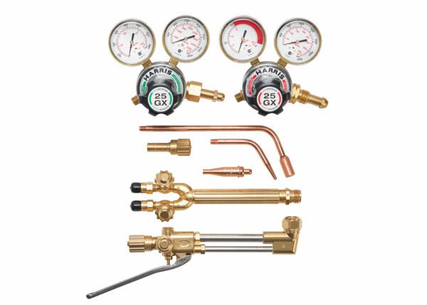 Harris V-Series 25GX Ironworker Rosebud Kit with regulators, hoses, torch handles & tips for oxygen acetylene welding.