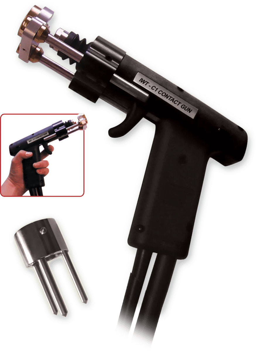 A black stud welding gun with a labeled handle, metal attachment at the tip, and two cables extending from the bottom; includes an inset showing the industrial welding gun held in a hand and a separate metal component.
