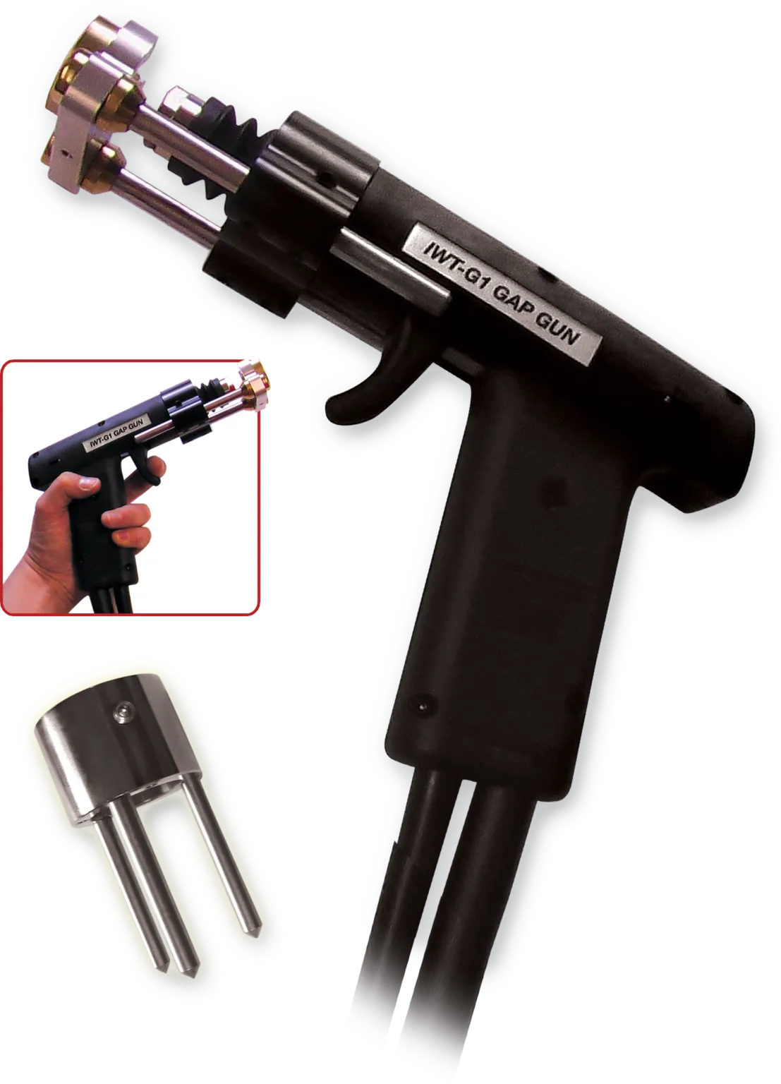 A black handheld Gap Gun labeled IWT-G1 with a metallic, fork-like attachment at the front. An inset shows the device in use, while a separate image displays the metal attachment, highlighting its mechanical welding gun features.