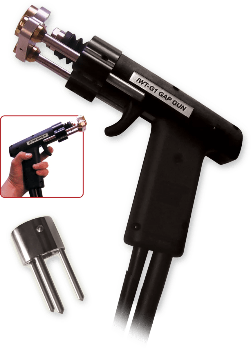A black handheld Gap Gun labeled IWT-G1 with a metallic, fork-like attachment at the front. An inset shows the device in use, while a separate image displays the metal attachment, highlighting its mechanical welding gun features.