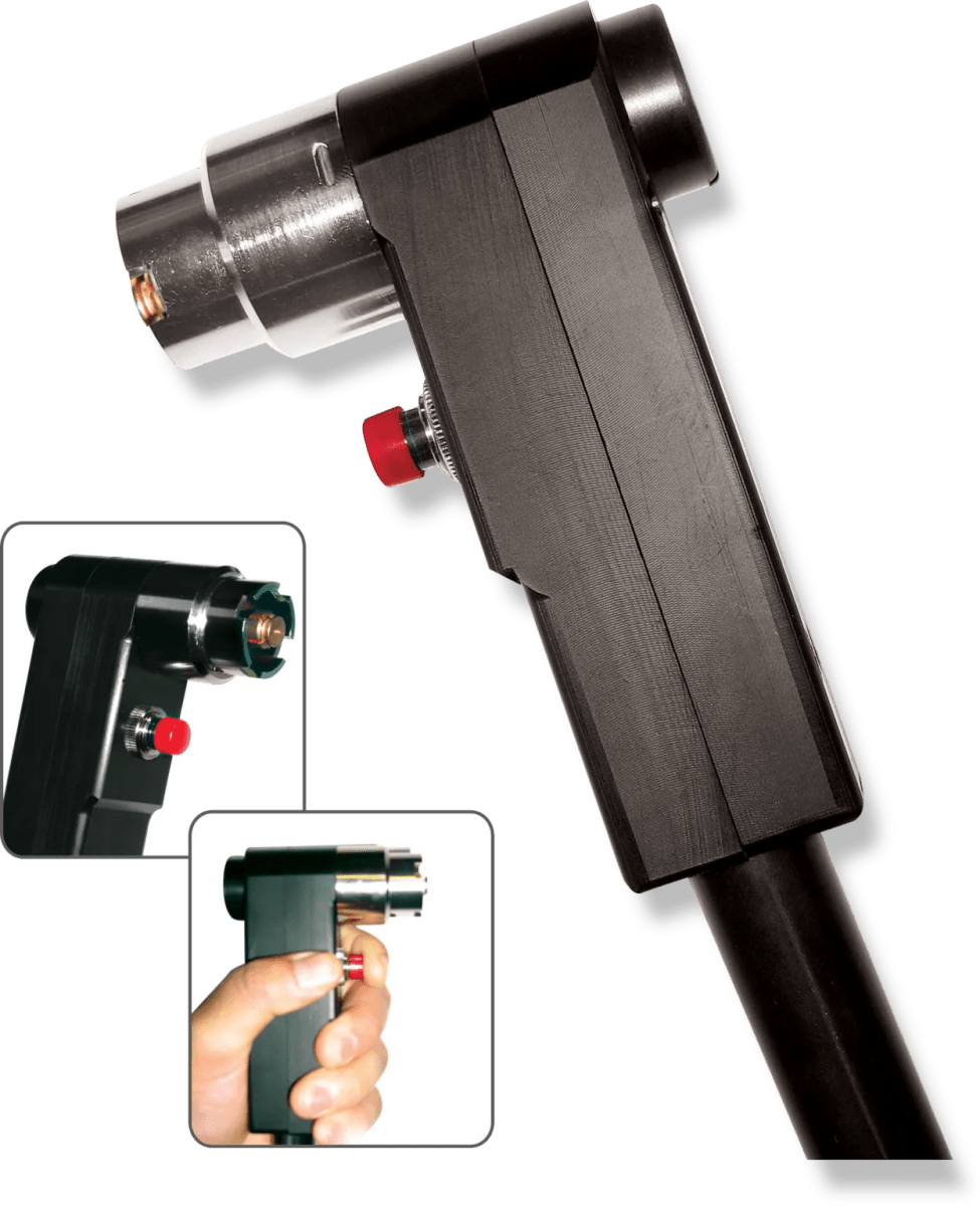 A close-up of a black handheld compact welding tool with a metal nozzle, red button, and two inset images showing different angles and usage, including a hand gripping the tool.