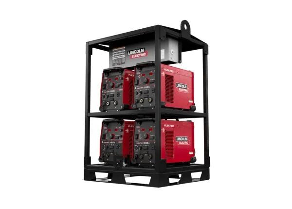 The Lincoln K4726-2 Flextec 350X PowerConnect 4-Pack Rack is a black modular welding rack that holds four red Lincoln Electric machines, stacked two per shelf, with a lifting hook and visible controls against a plain white background.