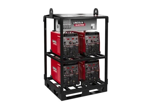 The Lincoln K4726-2 Flextec 350X PowerConnect 4-Pack Rack is a black metal modular rack holding four red welders, stacked two per shelf with control panels forward, and includes top lifting eyes for easy transport on a plain white background.