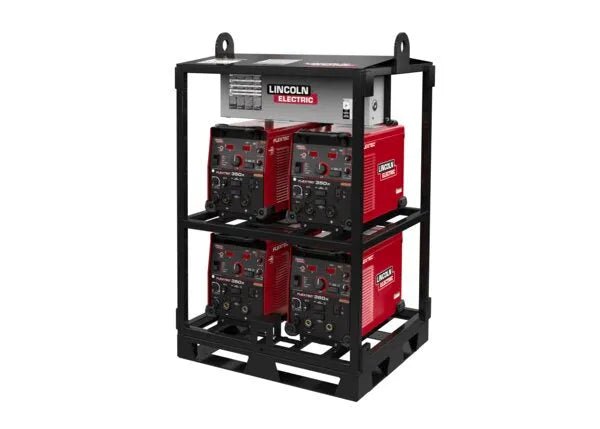 A black modular rack holds four red Lincoln K4726-2 Flextec 350X PowerConnect 4-Pack power sources, stacked two per shelf. Each unit features knobs, switches, and digital displays. The frame includes lifting hooks and forklift slots.
