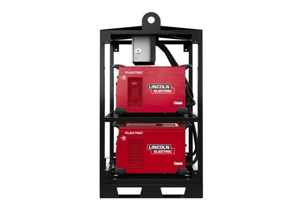 A Lincoln K4726-2 Flextec 350X PowerConnect 4-Pack Rack, in black metal, holds two red welding machines stacked vertically with vents, white branding, thick black cables, and a top lifting eye for compact modular welding.