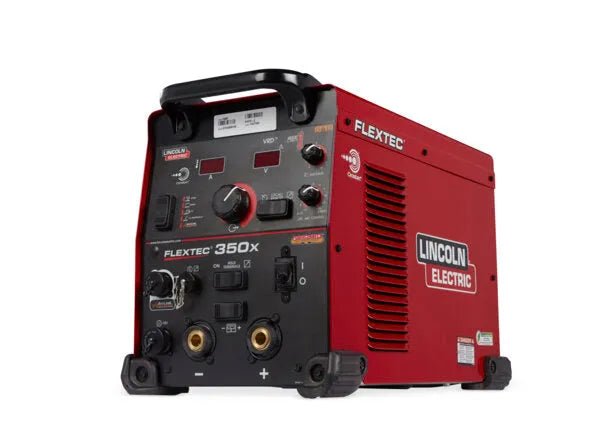 The Lincoln K3443-2 Flextec 350X PowerConnect Twistmate welding machine, shown in red with black controls and display on a white background, is a multi-process power source featuring automatic voltage sensing.