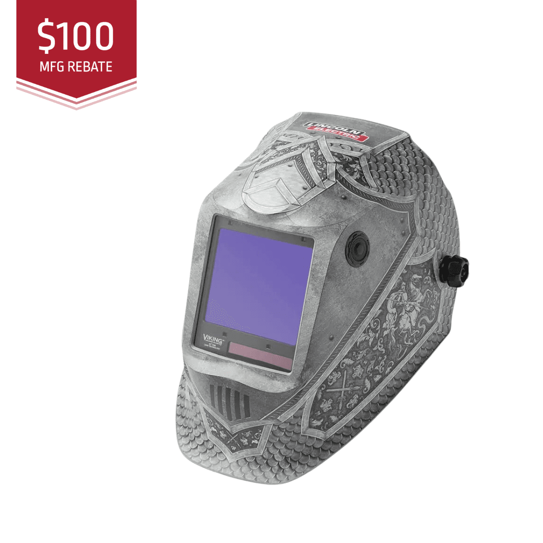 Welding helmet with decorative pattern on a white background, featuring a $100 MFG rebate label.