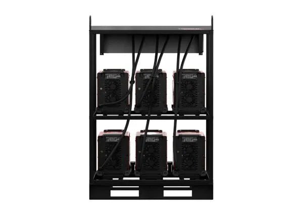 The Lincoln Flextec 350X PowerConnect 6-Pack Rack (K4727-2) holds six Flextec 350X units in two rows, features three shelves, open front, vents, and thick cables—ideal for multi-operator welding setups.