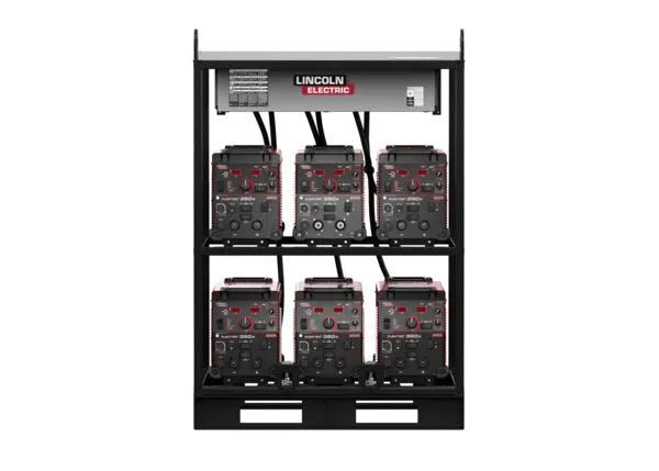 A black Lincoln Flextec 350X PowerConnect 6-Pack Rack (K4727-2) holds six Flextec 350X welders in two rows of three, connected by thick black cables and featuring a Lincoln Electric label at the top.