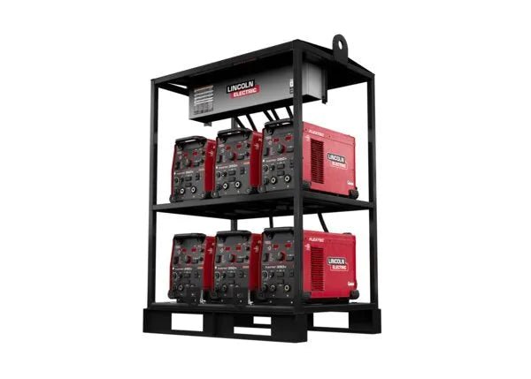 A black rack holds six red Lincoln Flextec 350X PowerConnect machines (6-Pack Rack - K4727-2) in two rows of three, with a larger silver control unit on top, displayed against a plain white background.