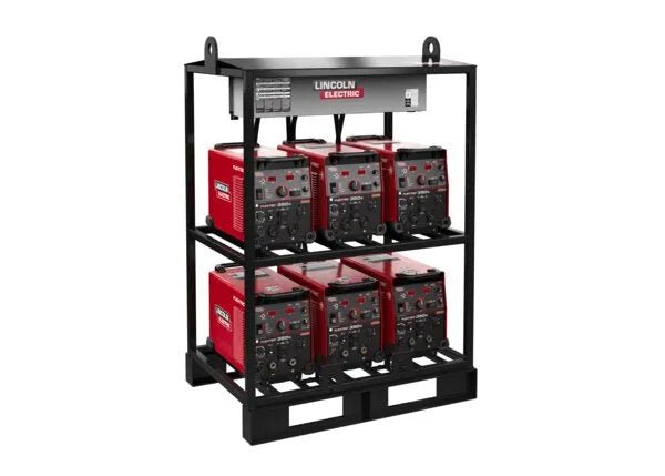 The Lincoln Flextec 350X PowerConnect 6-Pack Rack (K4727-2) holds six welders in two rows, featuring lifting hooks on top and an open base for forklift access—ideal for compact multi-operator welding setups.