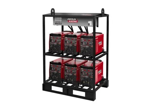 A black welding rack holds six red Lincoln Flextec 350X PowerConnect machines (K4727-2), three per shelf, with visible power cables and controls. A power distribution box sits on top of this multi-operator welding solution.