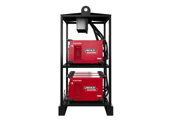 A black Lincoln Flextec 350X PowerConnect 6-Pack Rack - K4727-2 holds two red welding machines stacked vertically with organized cables on each shelf. A lifting eye is attached at the top; background is plain white.