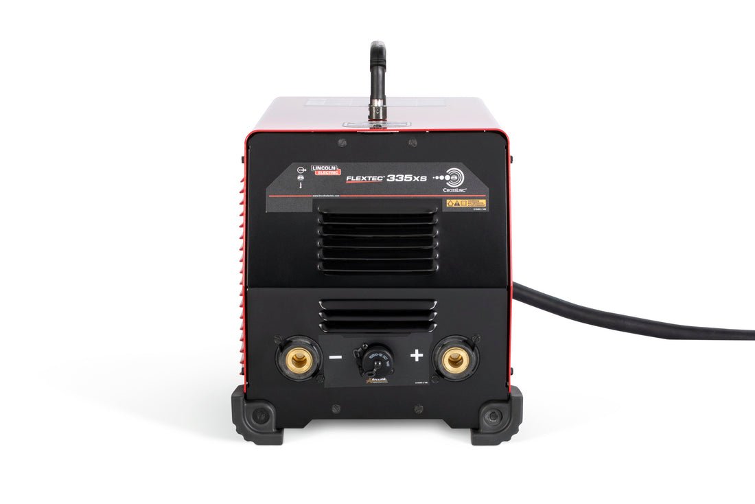 Lincoln Flextec 335XS (Tweco) K4850-1 welder, red/black, top handle, cable connectors, CrossLinc for advanced welding control.