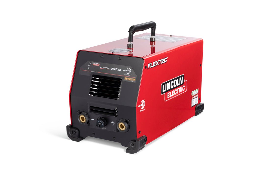 Lincoln Flextec 335XS K4850-1 welding machine, red with black handle, front ports, professional welder equipment at WeldingMart.