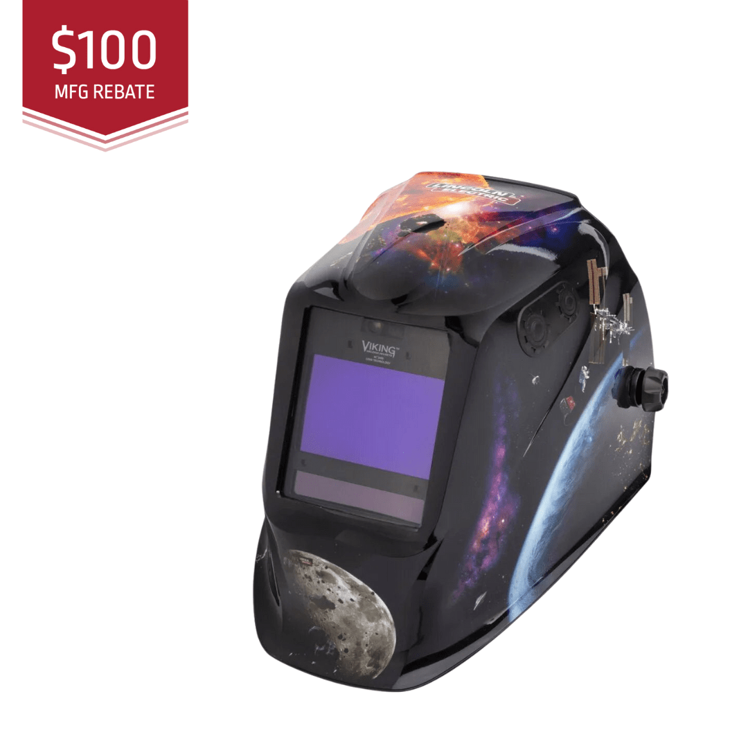 Welding helmet with space-themed design on a white background, featuring a $100 rebate label.