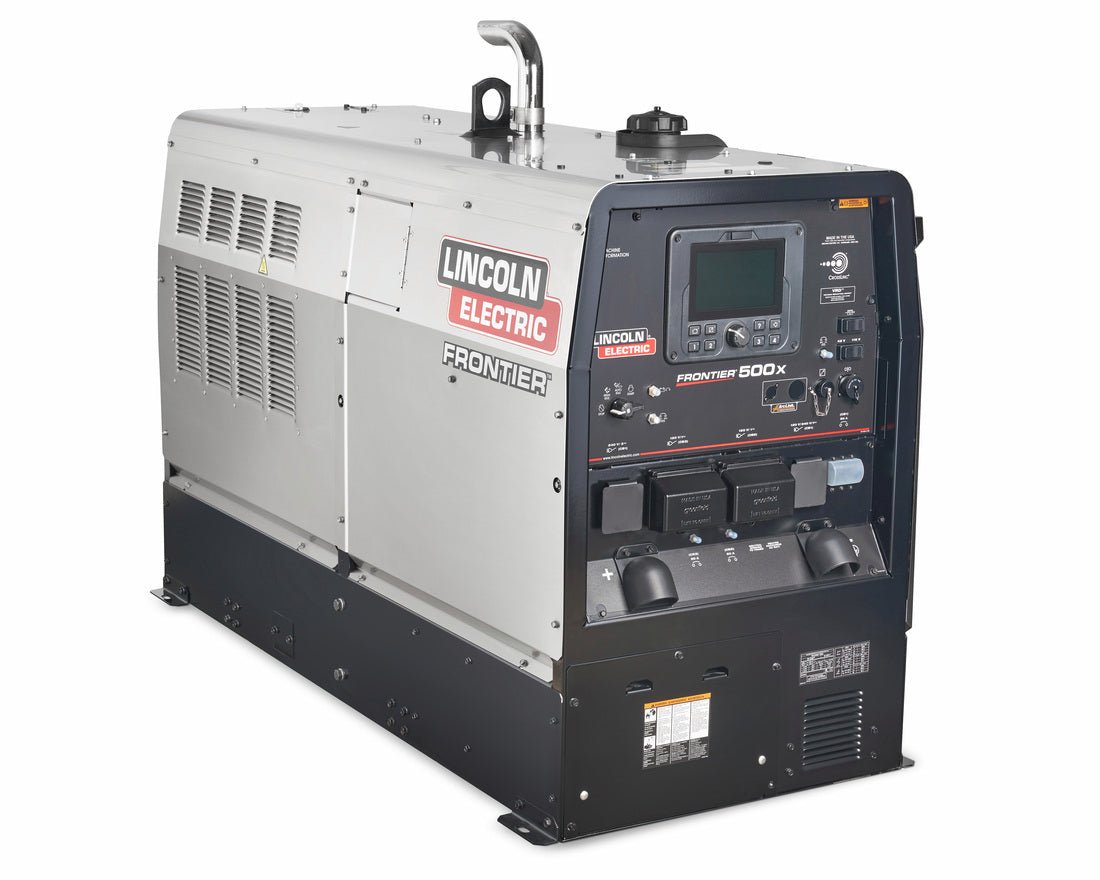 Lincoln Frontier 500X Kubota Welder K5350-2: silver/black welding machine with control panel, display, ideal for industrial use.