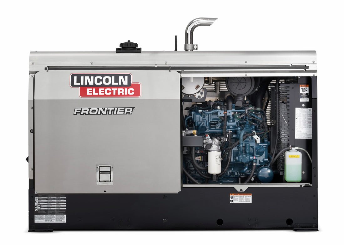 Lincoln Frontier 500X Kubota Welder K5350-2, side panel open showing labeled components, silver/black, WeldingMart industrial tool.