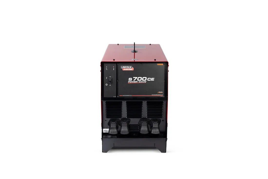 A front view of the Lincoln K5372-1 POWER WAVE S700 CE, a red and black robotic welding power source featuring a control panel and three large connection ports at the bottom.