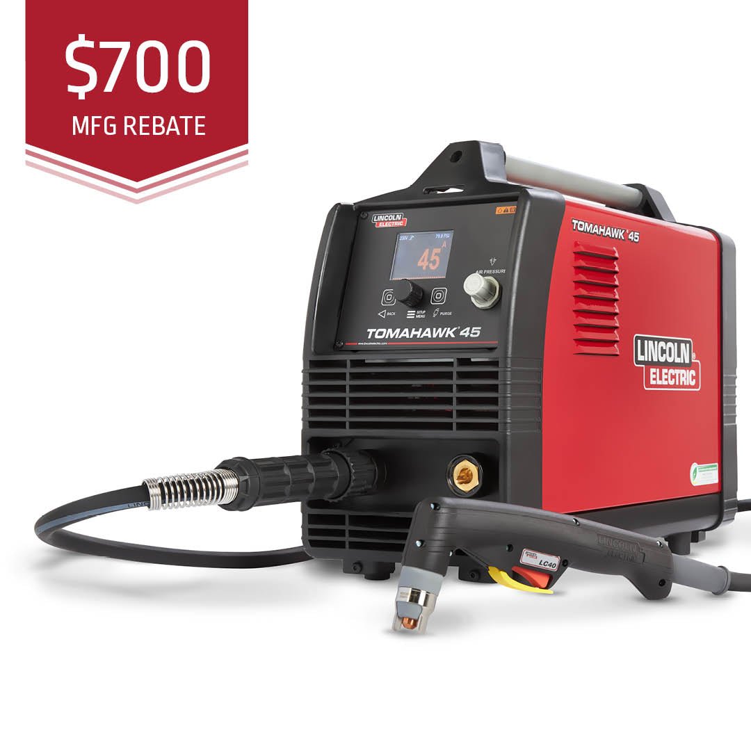 Lincoln Tomahawk 45 plasma cutter with 20' hand torch (K5458-1), red and black, $700 rebate, top welding equipment at WeldingMart.