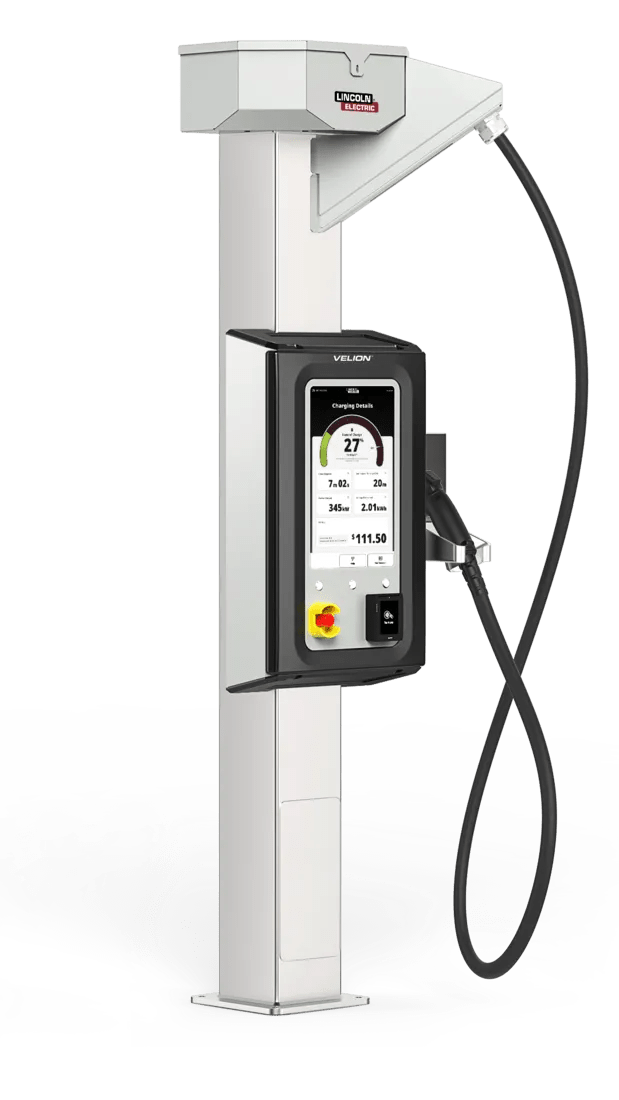 The Lincoln K5489-1 VELION 150KW DCFC Single Port Pedestal is a modern EV charging station with a digital display and integrated charging cable, featuring a tall, sleek white design.