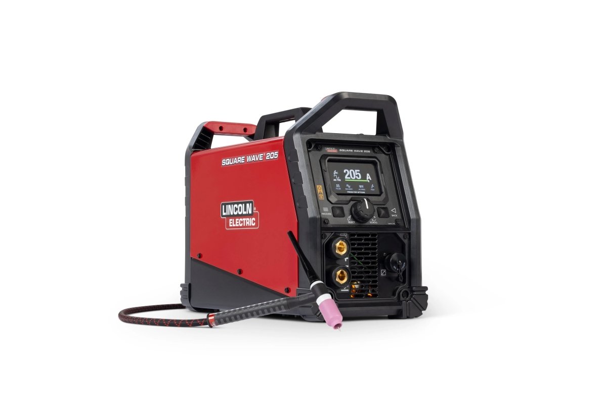 Lincoln Square Wave 205 TIG Welder K5613-1, red and black AC/DC TIG welding machine with torch and digital display, on white.