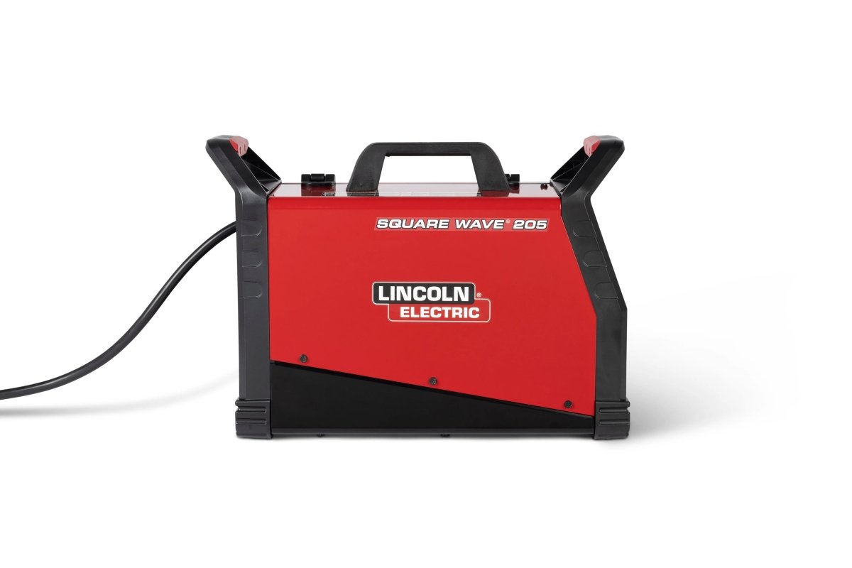 Lincoln Square Wave 205 TIG Welder (K5613-1) in red and black, welding tool with top handle and left-side power cord.