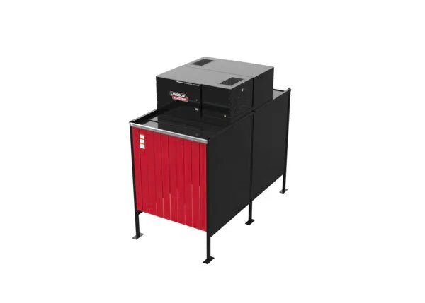 The Lincoln Prism Exhaust Booth Back-to-Back Standalone (K5664-7) is a large fume extraction unit with black sides and a red, vertically-lined front, ideal for welding booths or industrial settings. 230V, 1 phase, One-Pak configuration.
