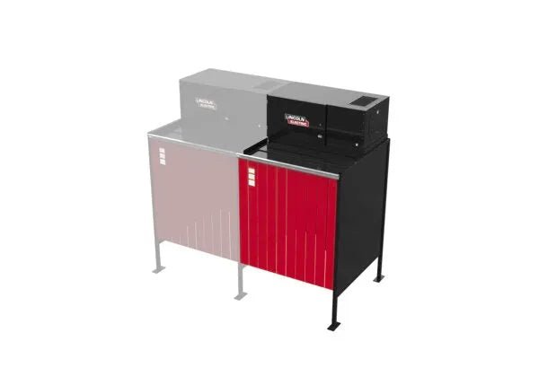 Displayed on the right is the Lincoln Prism Exhaust Booth Side-by-Side Add-On, 230V, 1 Phase, One-Pak (K5664-6), its striking black and red body creating a bold contrast with its surroundings, highlighting optimal fume extraction design.