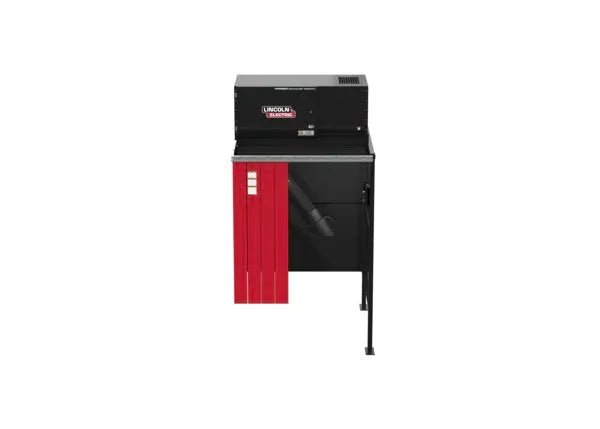 The Lincoln Prism Exhaust Booth Side-by-Side Add-On, 230V, 1 Phase, One-Pak (K5664-6) is a black and red industrial welding fume extractor with a flexible hose and stand, perfect for welding booths. The unit is labeled “Lincoln Electric” against a plain white background.