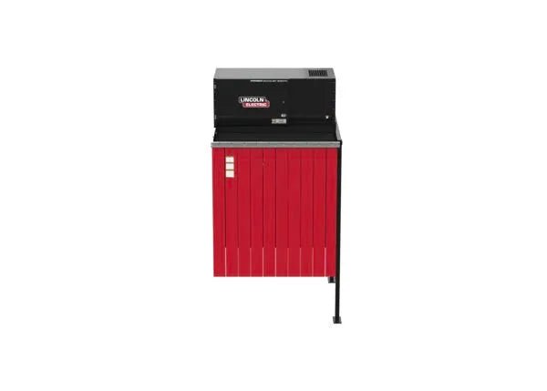 The Lincoln Prism Exhaust Booth Side-by-Side Add-On, 230V, 3 Phase, One-Pak (K5664-2) is a red and black industrial unit with vertical paneling and a right-side support leg, ideal for welding booths or pairing with a Prism Exhaust Booth.