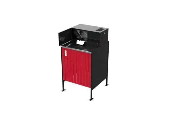 The Lincoln Prism Exhaust Booth Standalone (Side-by-Side Starter), 230V, 3 Phase, One-Pak - K5664-1 is a black and red industrial exhaust booth with an open top, front panel with vertical red slats, four legs, and white square buttons in the upper left corner.