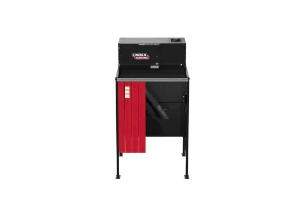 The Lincoln Prism Exhaust Booth Side-by-Side Add-On (K5664-6) is a black and red fume extractor with a rectangular body, top vent, control buttons, and flexible hose for welding booths; Lincoln Electric branding on the front. 230V, 1 Phase.