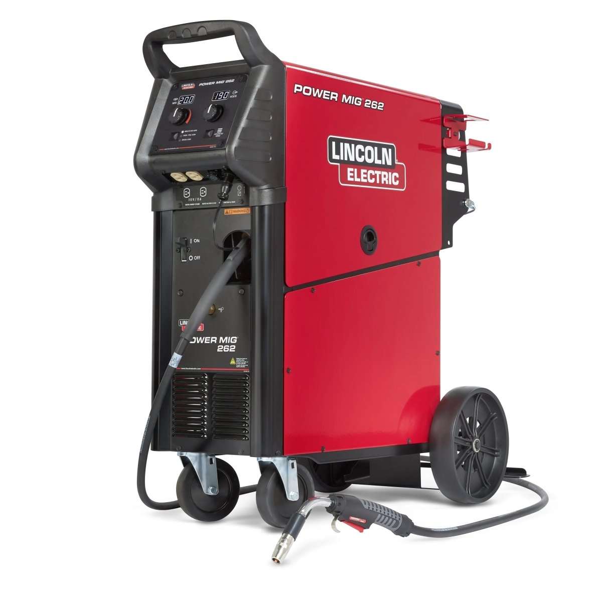Lincoln Power MIG 262 Welder K5706-1 on wheels, with control panel, hose, and welding torch—premium WeldingMart equipment.