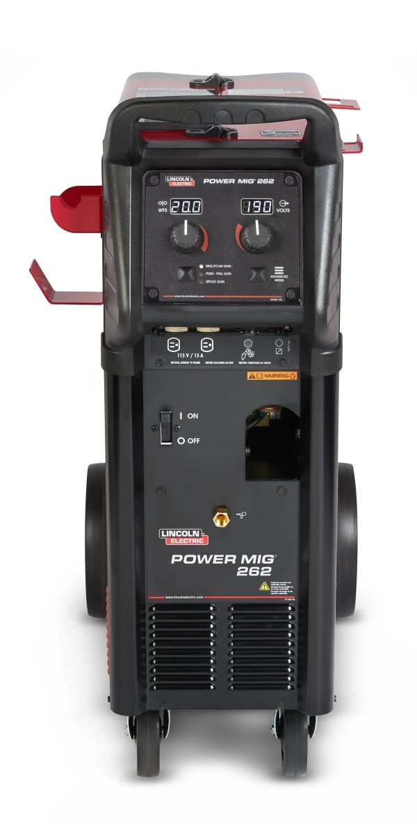Lincoln Power MIG 262 Welder K5706-1, black and red, with control panel, wheels. Top aluminum welding tool at WeldingMart.