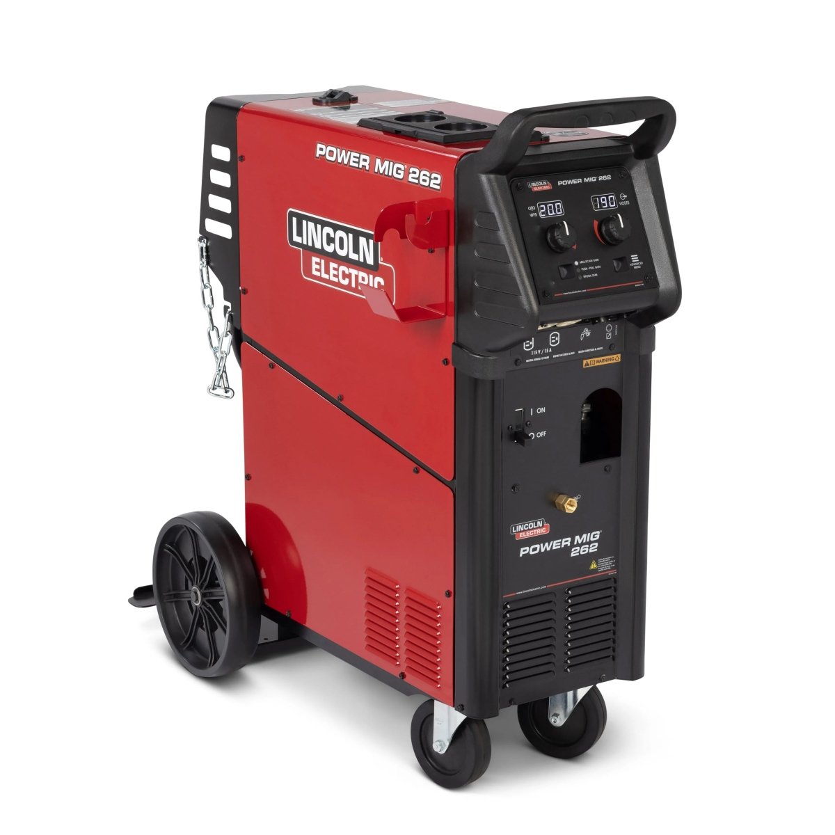 A red Lincoln Electric Power MIG 262 welding machine with black handle, control panel, vents, wheels, and side chain for securing a gas cylinder. The control panel displays power settings and has various knobs and buttons.