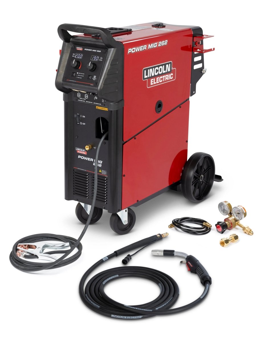 Lincoln Power MIG 262 Welder (K5706-1) with control panel, wheels, cables, clamps, torch, ideal aluminum welding tool.