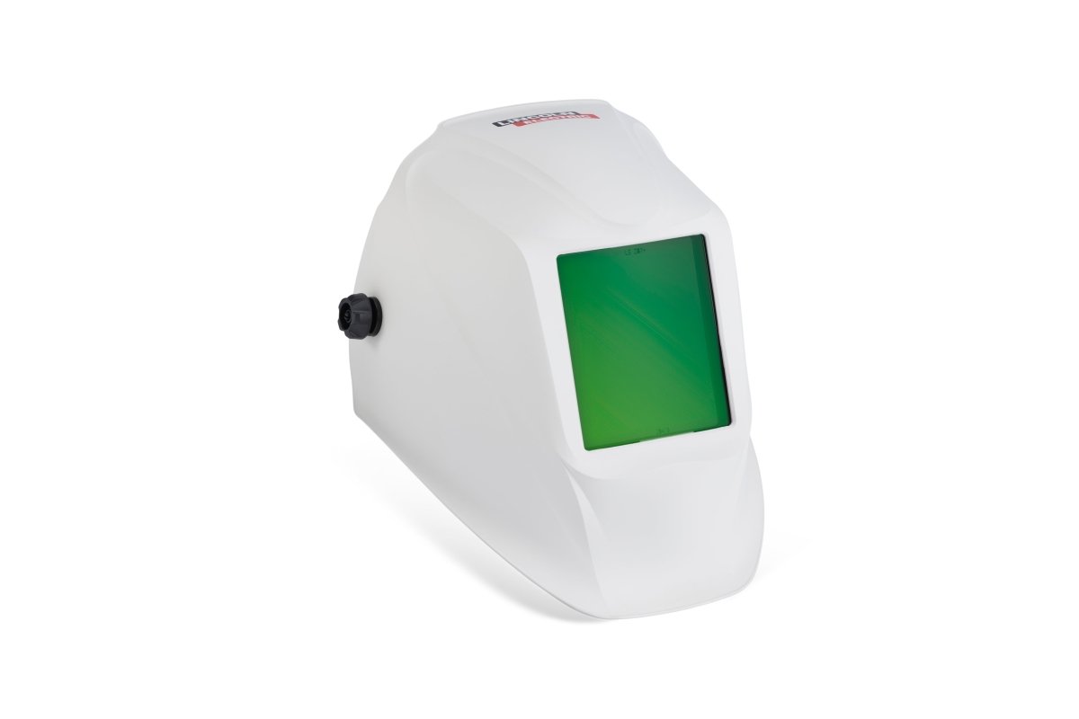 Lincoln Viking FLZ Passive Laser Welding Helmet K5747-1, white, green-tinted lens, black knob—welding safety gear on white.