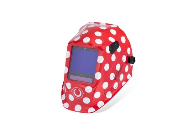 VIKING 3350 ADV Jessi the Welder K5758-5 red auto-darkening welding helmet with polka dots and a clear rectangular view window.
