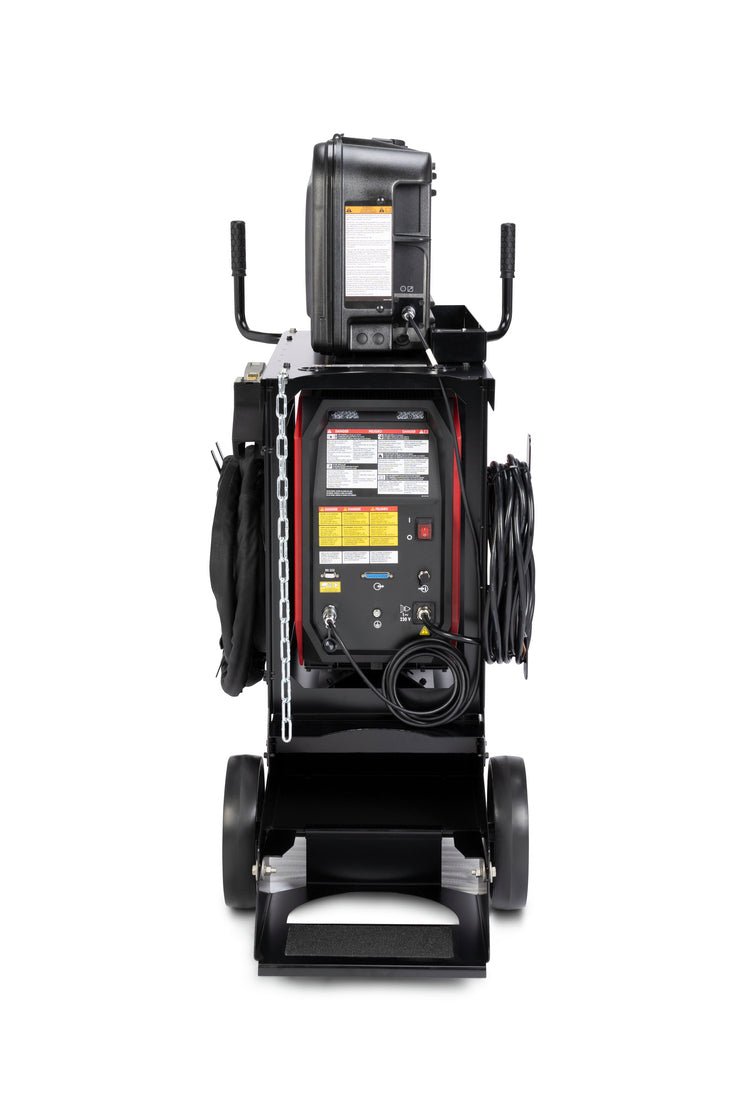 Lincoln Flex Lase Handheld Laser Welding System K5772-1 on wheeled cart with control panel, cables, gas holder, storage tray.