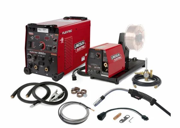 Lincoln Flextec 350X PowerConnect (Tweco) / LF-74 One-Pak - K5803-1, featuring controls, wire feeder, cables, clamps, spool of wire, connectors, and MIG torch—all displayed on a white background for efficient MIG welding.