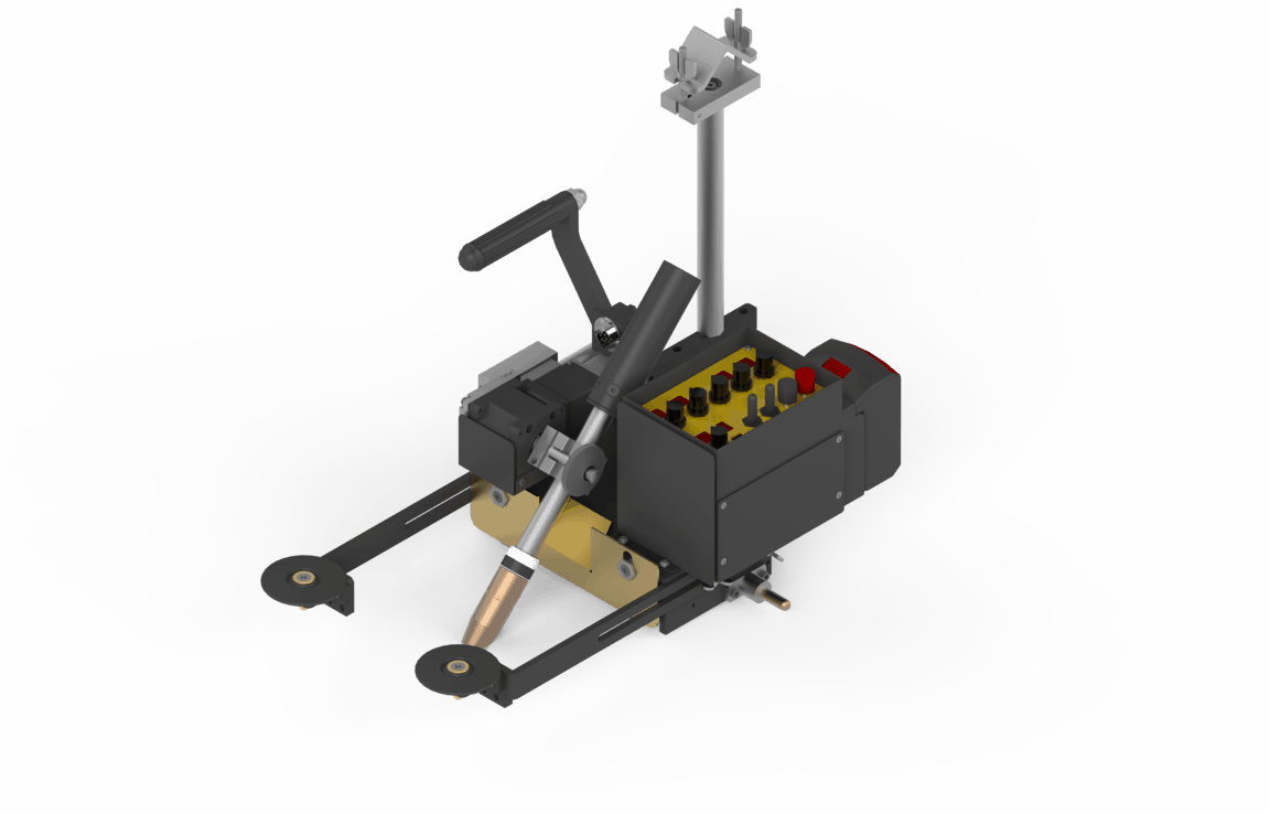 Bug-O BAT ALL-POS FILLET WELDER-120V (KBUG-3000-BAT) welding equipment with torch, controls, and rail wheels on white background.