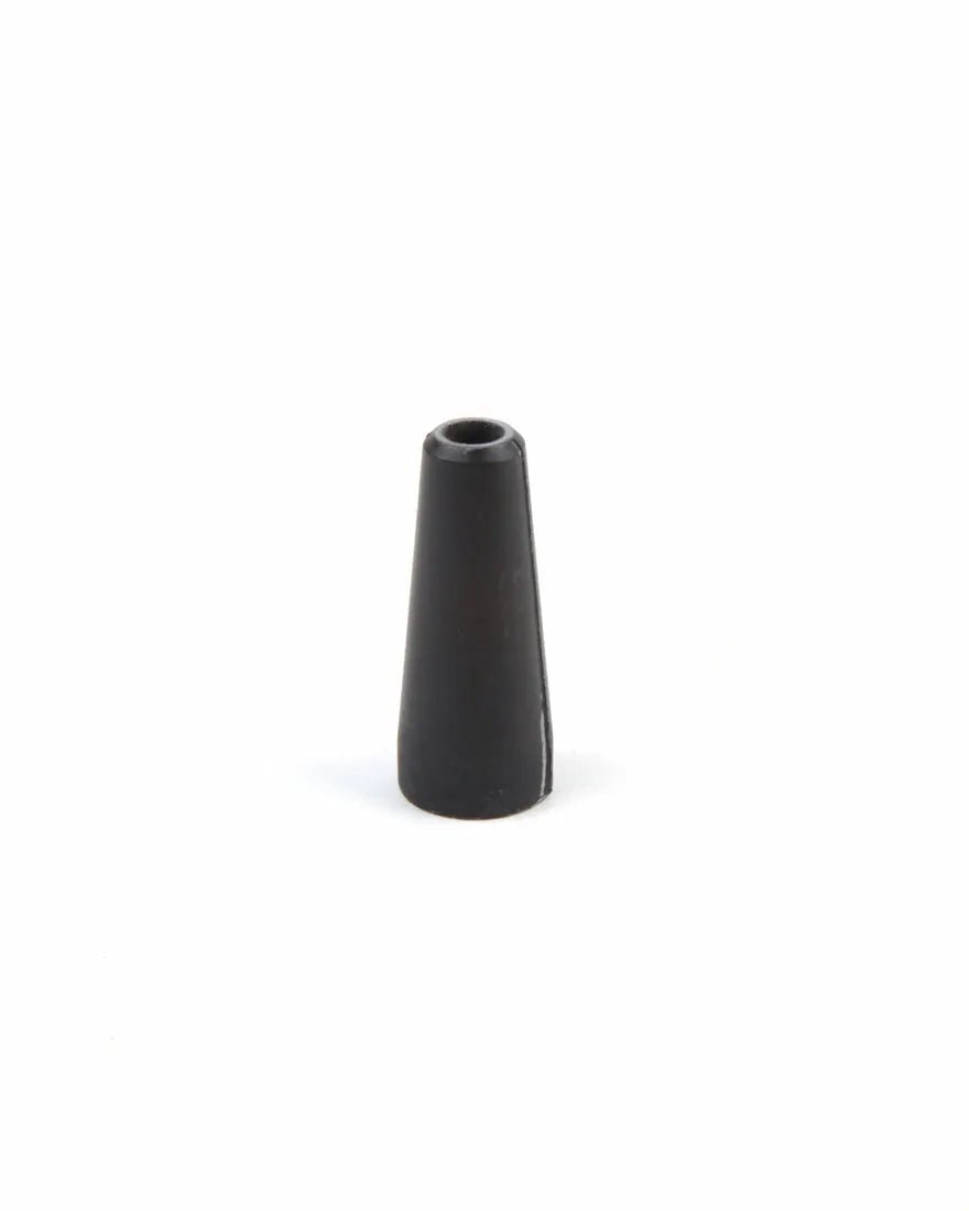 A black, cone-shaped rubber cap resembling the Lincoln Flux Cored Welding Nozzle KH726 stands upright on a plain white background, its wide base tapering smoothly to the top—mirroring Lincoln Electric welding gun nozzle design.