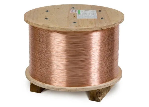 Lincoln ED011647 SuperArc L-50 MIG welding wire, 1000lb reel, on wooden stand. Essential WeldingMart equipment for GMAW steel welding.