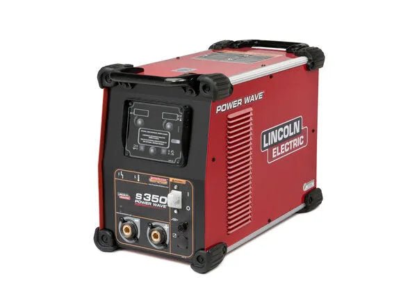 The Lincoln Electric Power Wave S350 Advanced Process Factory Demo Welder (U2823-3) features a control panel and front connectors, shown in red and black against a white background.