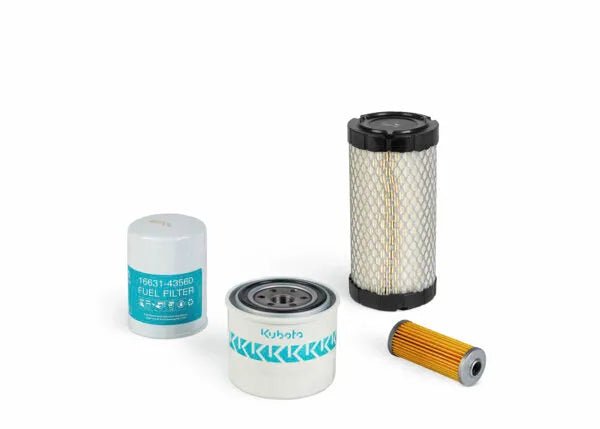 The Lincoln K3599-5 Kubota Service Kit D1503 (Frontier) includes various engine filters—fuel, air, cylindrical canister, and open cylindrical—displayed on a white background, perfect for efficient service kit replacements.