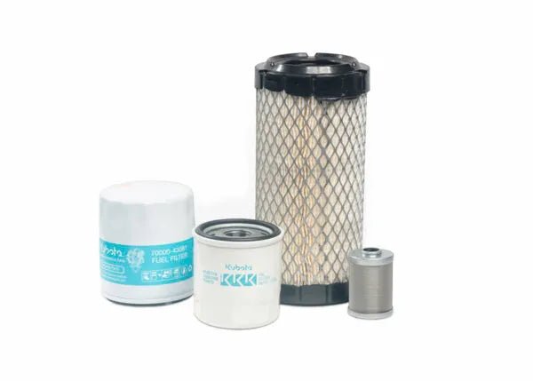 The Lincoln K3599-7 Kubota Service Kit - Z602 includes four vehicle filters—air, oil, and fuel—each varying in size, shape, and design, arranged on a white background.