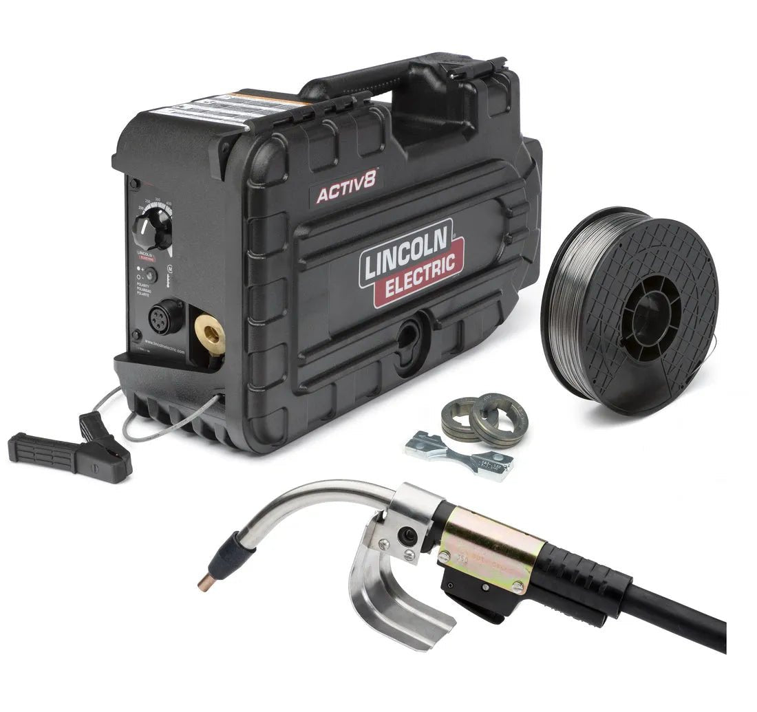 Lincoln K3678-1 ACTIV8 Self-Shielded One Pak welding kit with case, torch, wire spool, and metal parts on white bg at WeldingMart.