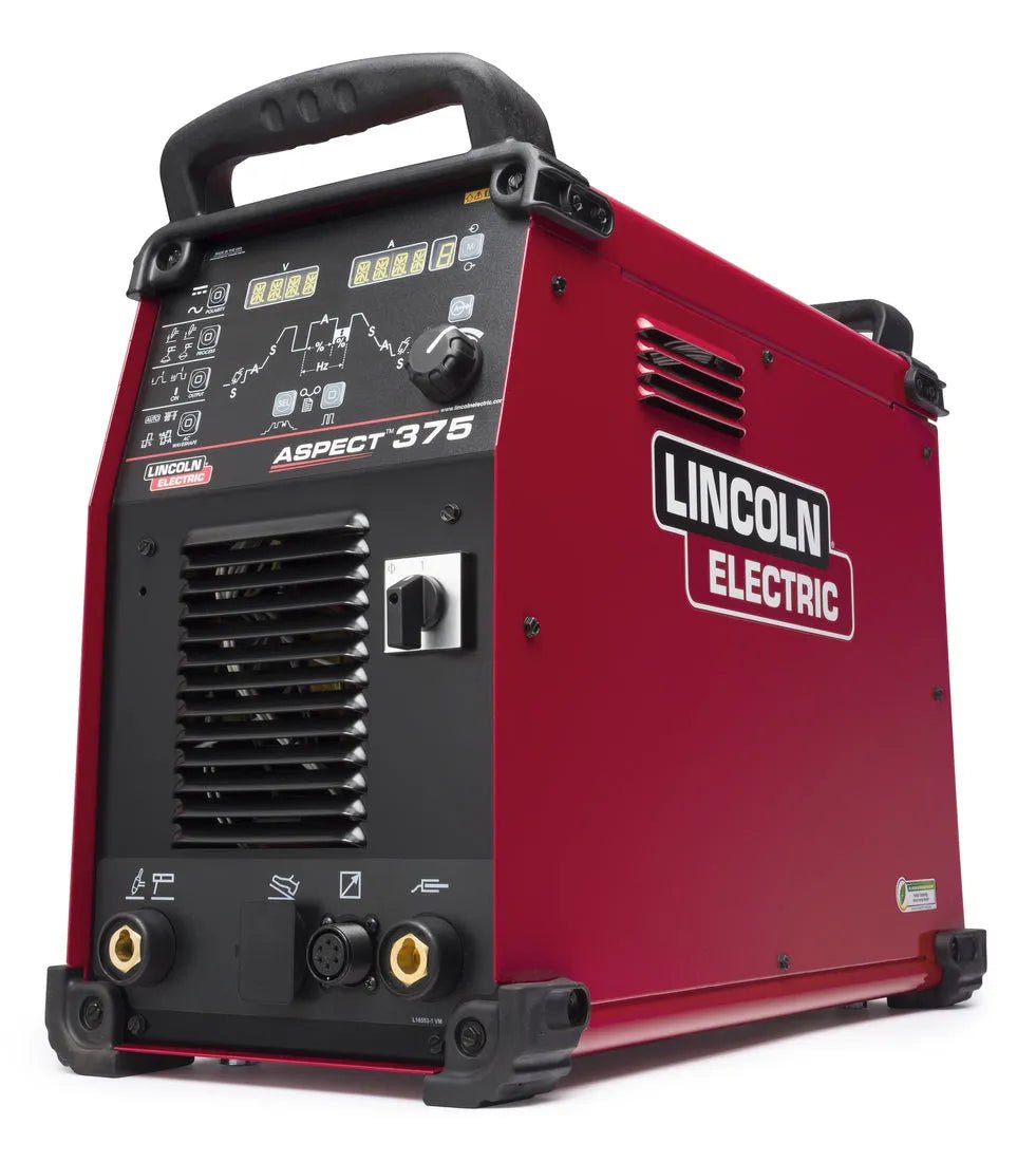 Lincoln K3945-2 ASPECT 375 CCC TIG welding power source, red, with control panel, vent, and handle, on white background.
